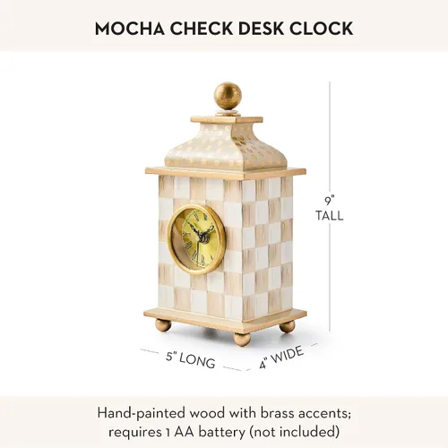 Vista 4 de MACKENZIE-CHILDS Reloj de Escritorio, Reloj Analógico Retro para Decoración de Habitación, Estampado Mocha Marrón y Blanco
