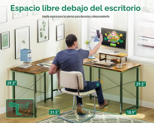 Vista 5 de AODK Escritorio para juegos en forma de L, escritorio de esquina para computadora, mesa de escritorio para juegos de PC con soporte elevador