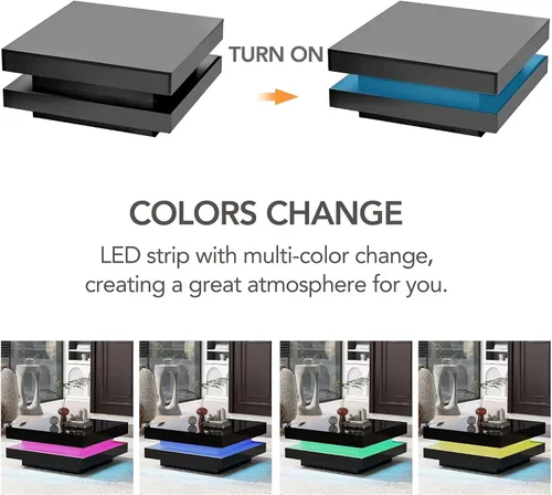Vista 8 de Mesa de centro cuadrada moderna con iluminación LED de 16 colores, mesa central de 2 niveles, mesa de cóctel de alto brillo para sala de estar Negro