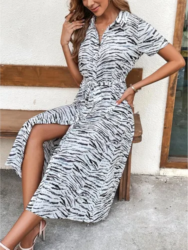 Vista 6 de BROVAVE Vestido camisero de manga corta de verano para mujer, con lazo en la cintura, botones, textura de animales, vestido midi casual