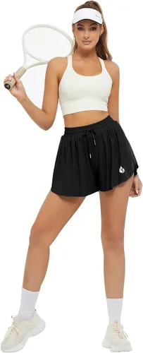 Vista 4 de FireSwan Pantalones cortos deportivos fluidos para mujer, 2 en 1, con bolsillos, para correr, gimnasio, entrenamiento, tenis, falda pantalón
