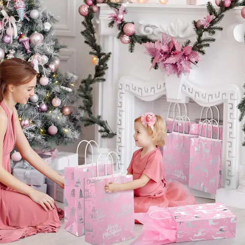 Vista 6 de Pasimy 24 bolsas de regalo de Navidad rosadas con papel de seda, bolsa de papel de dulces de Navidad rosa con lámina metálica plateada de copo