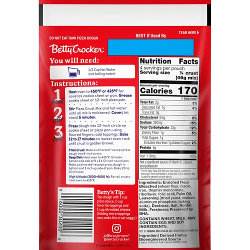 Vista 2 de Mezcla para masa de pizza Betty Crocker, hace una corteza de 12 pulgadas, 6.5 oz. Just Add Hot Water, Rest 5 Minutes, Add Toppings And Bake, Makes