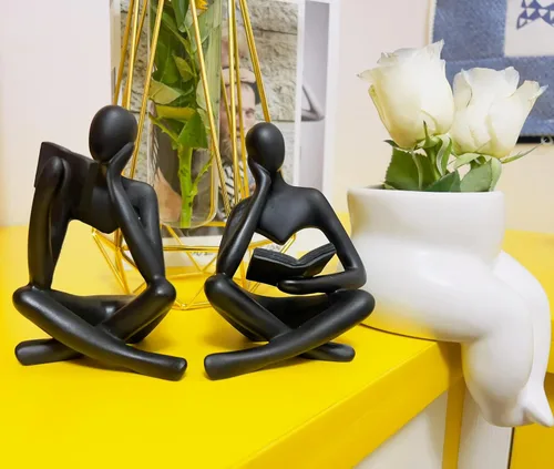 Vista 3 de Estatua negra de 2 piezas para decoración del hogar, estatua de pensador de lectura negra, figuras modernas, escultura estética abstracta, juego