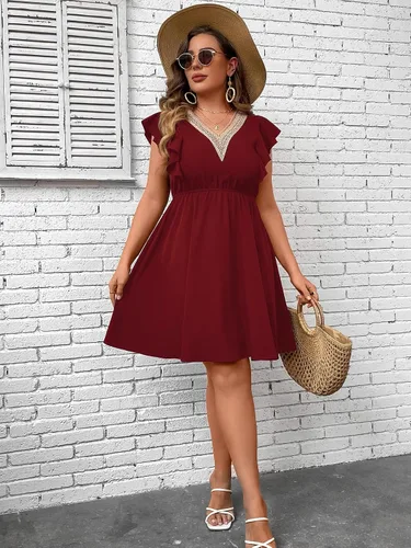 Vista 6 de Verdusa Vestido corto acampanado con encaje en contraste y cuello en V y manga casquillo con volantes para mujer