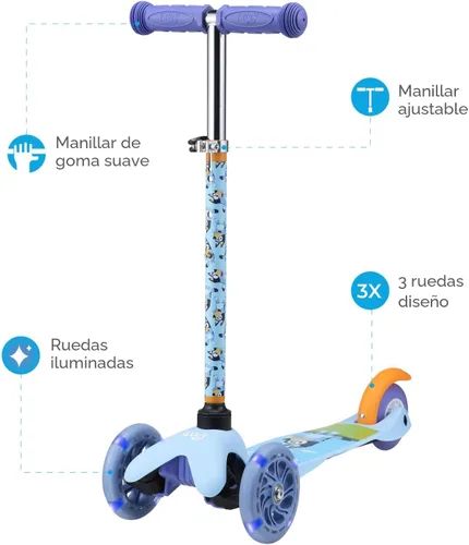 Vista 2 de Patinete para niños, auto equilibrio de 3 ruedas, ruedas LED iluminadas Azul