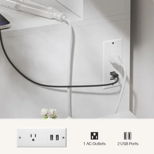 Vista 5 de Haewon - Escritorio de tocador con espejo LED, toma de corriente y silla de almacenamiento, color blanco Mesa de maquillaje con 3 modos de luz, 4