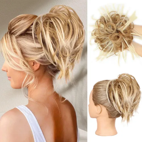 Vista 25 de HMD - Extensiones de cabello tipo chongo alborotado con rodelo despeinado, banda elástica de goma, extensiones de cabello sintético para mujer