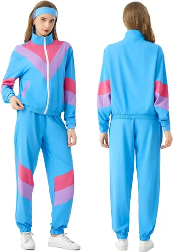 Vista 6 de Traje deportivo de los años 80 para mujer, traje de los años 80 y 90, traje retro rompevientos de 2 piezas, conjunto de chándal con chaqueta