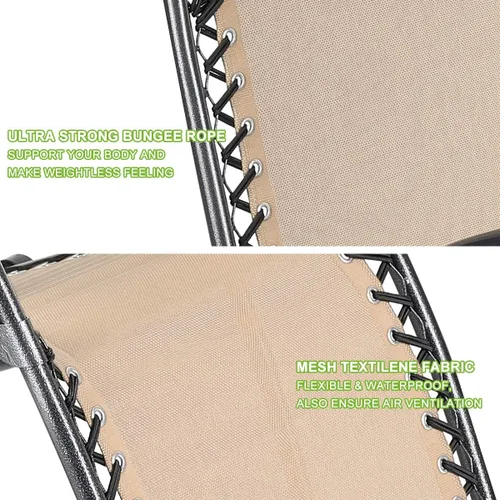 Vista 7 de Juego de 4 sillas reclinables de gravedad cero de malla de acero para acampar al aire libre con reposapiés, ajustable, almohada, bandeja, beige
