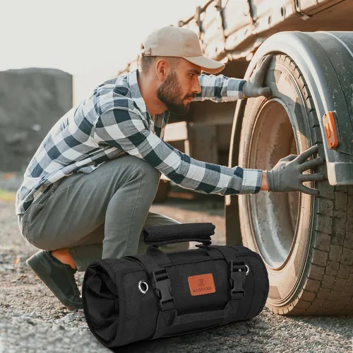 Vista 2 de BAQRAXIA Bolsa de herramientas, caja de herramientas pequeña enrollable, organizador de herramientas resistente con 2 bolsas de herramientas Negro