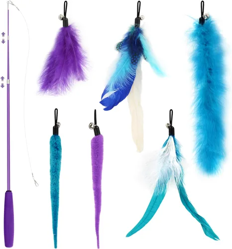 Vista 8 de SONGWAY Juego de juguetes interactivos de plumas para gatos, varita retráctil con 6 recambios de plumas con campana, juguetes de varita para gatos