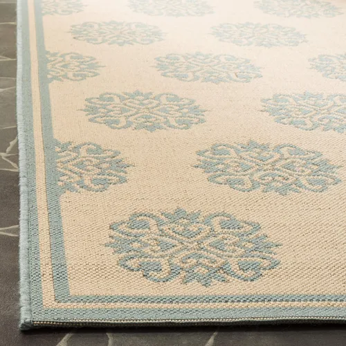 Vista 4 de SAFAVIEH Alfombra lavable al aire libre Linden Collection – 6 pies 7 pulgadas, cuadrada, crema y aguamarina, no desprende pelusa y fácil de limpiar