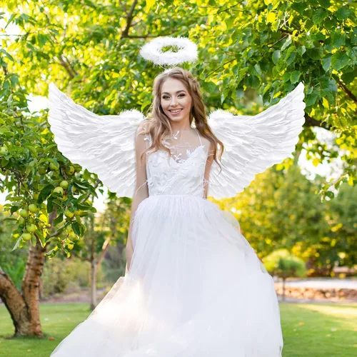 Vista 5 de Takmor Alas de ángel para adultos, disfraz de alas de ángel y halo de ángel para mujeres y niñas, disfraz de alas para Halloween