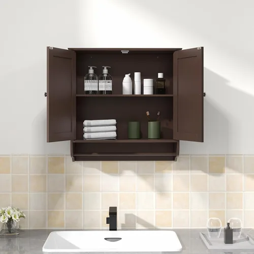 Vista 2 de Giantex Armario de baño montado en la pared, botiquín sobre el inodoro con puertas dobles, estante ajustable y barra de toallas, armario