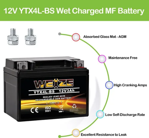 Vista 4 de Weize YTX4L-BS - Batería de motocicleta sellada recargable de alto rendimiento compatible con Polaris Scrambler, Sportsman 90, Honda Scooters NQ50