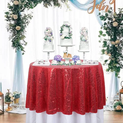 Vista 21 de ShinyBeauty Mantel de lentejuelas rosa intenso, superposición redonda brillante de 120 pulgadas para decoración de bodas, fiestas de cumpleaños