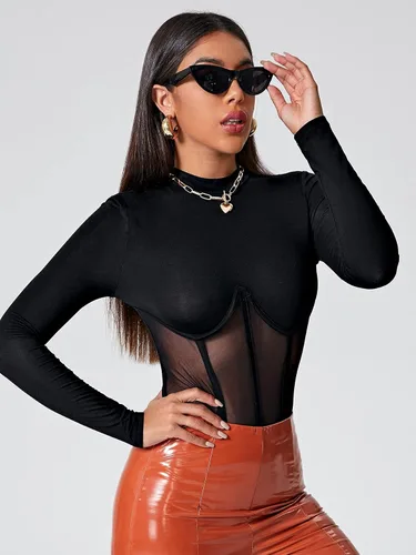 Vista 3 de Floerns Body de malla transparente con cuello alto falso para mujer