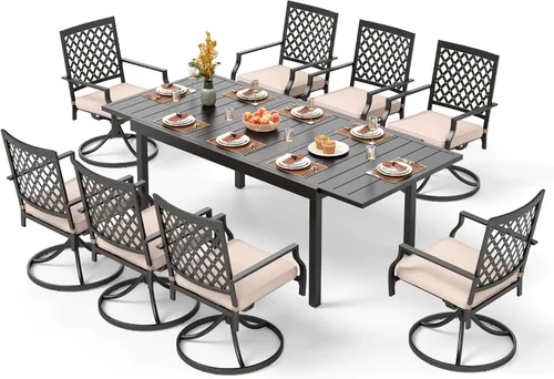 Vista 38 de PHI VILLA Juego de comedor al aire libre de 7 piezas para 6, mesa rectangular de metal negro de 60 pulgadas con agujero para sombrilla y sillas
