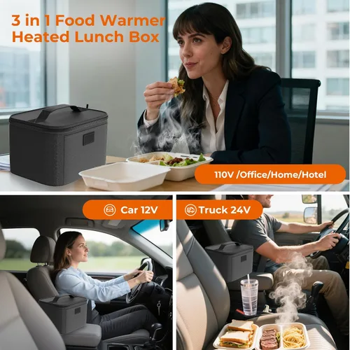 Vista 3 de Lonchera Eléctrica Portátil Calentador de Alimentos, 12V/24V/110V Caja Calentadora de Alimentos 3 en 1, Mini Horno Portátil para Automóvil