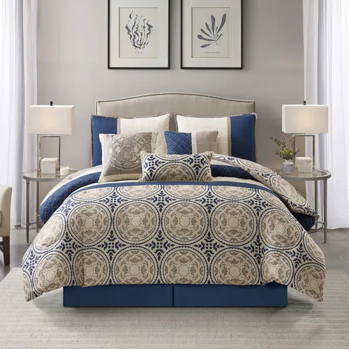 Vista 2 de Grand Avenue Juego de edredón azul King, ropa de cama con estampado de microfibra, geométrico, patchwork de 7 piezas, edredones, fundas de almohada
