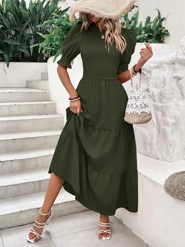 Vista 85 de BTFBM Vestidos para mujer, cuello redondo, casual, de verano, con volantes, manga corta, bohemio, con niveles, fruncido, largo, con estampado floral