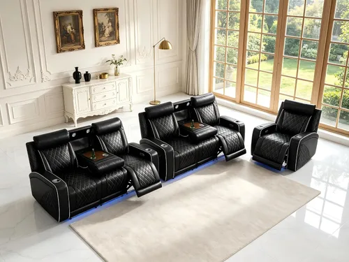 Vista 40 de Juego de sofás reclinables eléctricos, juegos de muebles de sala de estar, sofá reclinable eléctrico moderno negro, sofá biplaza y silla