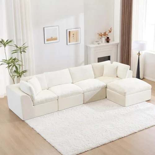 Vista 15 de Sofás de nube beige para sala de estar, sofá deshuesado de 3 plazas, sofá modular seccional, no requiere montaje, tapizado de chenilla, moderno