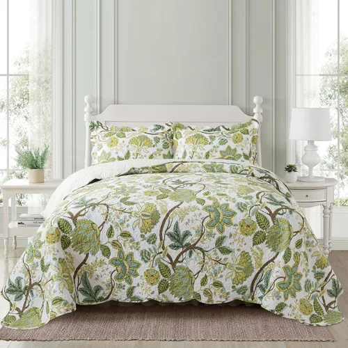 Vista 12 de NEWLAKE Juego de colchas tamaño queen, conjunto de colcha de algodón con diseño de retazos en colores azul y negro con patrones a cuadros, colcha