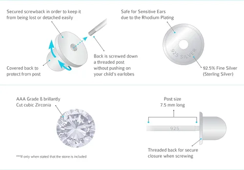 Vista 4 de 925 Sterling Silver Rhodium Plated 4mm Cubic Zirconia Stud Screwback Baby Girls Earrings
