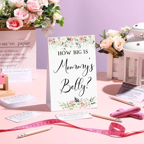 Vista 97 de Sabary 64 Piezas Juegos de Baby Shower Incluyen Letrero How Big is Mommy's Belly Sign Measure Bump Game 50 Tarjetas 10 Lápices 3 Cintas Métricas