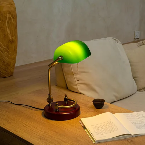 Vista 4 de Lámpara de Banquero, Lámpara de Escritorio Verde Tradicional con Base de Madera de Abedul Maciza, Lámpara de Biblioteca Antigua de Vidrio Verde