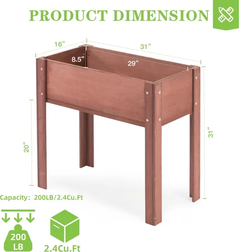 Vista 3 de Cama de jardín elevada con patas, 31 x 16 x 31 pulgadas, jardinera elevada de madera para exteriores, patas gruesas, con forro Marrón