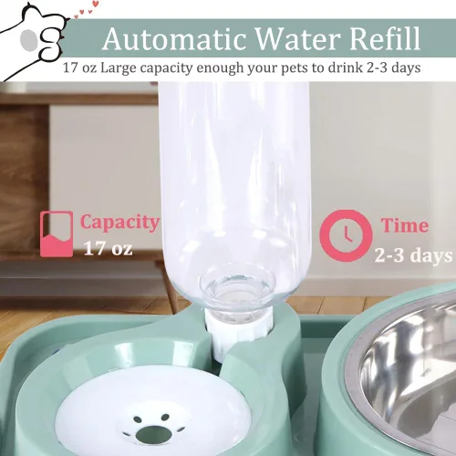 Vista 3 de Juego de cuencos antideslizantes para comida y agua para cachorros y gatos con dispensador de agua y tazón de acero inoxidable desmontable por Azul
