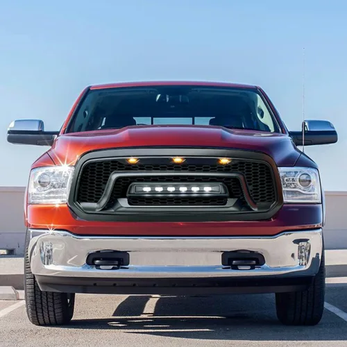Vista 6 de Rejilla delantera compatible con Dodge Ram 1500 2013-2018, Ram 1500 Classic 2019-2023, parrilla de parachoques negra mate con luces todoterreno