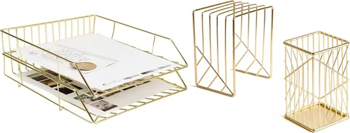 Vista 3 de U Brands Kit de organización de escritorio de metal, colección Vena, taza, clasificación y 2 bandejas incluidas, dorado (3940U00-01)
