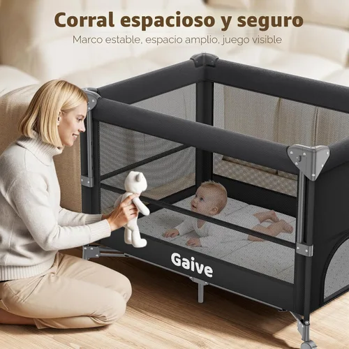 Vista 4 de GAIVE Cuna 4 en 1, paquete de configuración y juego de un solo empuje, cuna con 3 alturas ajustables, cambiador de pañales, viene con cómodo Negro