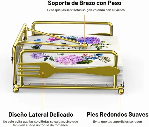 Vista 5 de Servilletero para mesa, dispensador de servilletas plano con brazo con peso, soporte cuadrado de papel de cóctel de elegante hierro rústico para Oro
