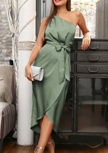 Vista 7 de PRETTYGARDEN Vestido de verano de satén fruncido de un hombro para mujer, sin mangas, envolvente, primavera, boda, cóctel, vestido midi