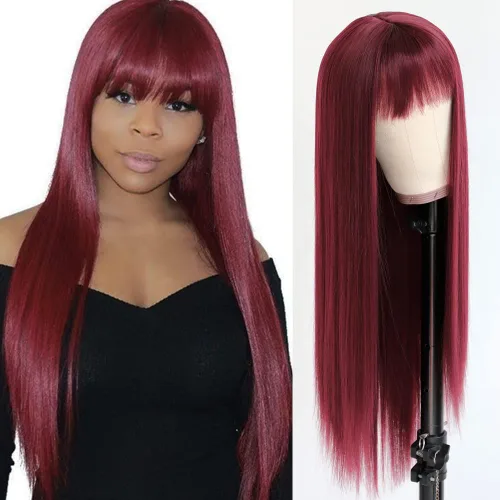 Vista 30 de QD-Tizer Pelucas sintéticas de color rubio ceniza con flequillo, pelucas de cabello largo y lacio, sin pegamento, pelucas sintéticas sin encaje