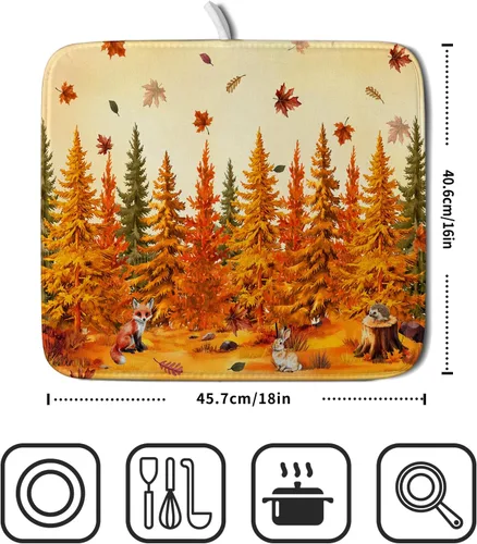 Vista 2 de Alfombrilla de secado de platos para encimera de cocina pequeña absorbente de café de otoño Alfombrilla de secado de microfibra de bosque de otoño