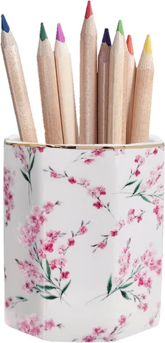 Vista 7 de Soporte para bolígrafo para escritorio, con patrón floral, taza de lápices para niñas, niños, organizador de escritorio de cerámica duradero, Rosa