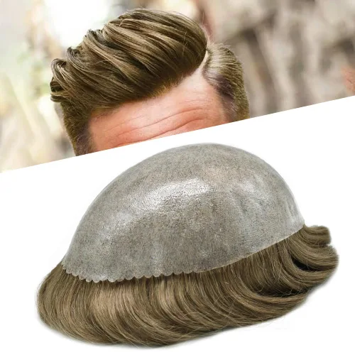 Vista 13 de Toupee para hombres Sistema de reemplazo de cabello humano real para hombres Completo PU Mens Hairpiece de aspecto natural para hombre piezas