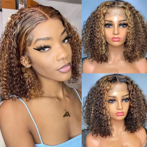 Vista 16 de Recomtic Pelucas rizadas Bob de cabello humano corto frontal 13x4, pelucas de encaje frontal lisas y onduladas para mujeres negras, cabello humano