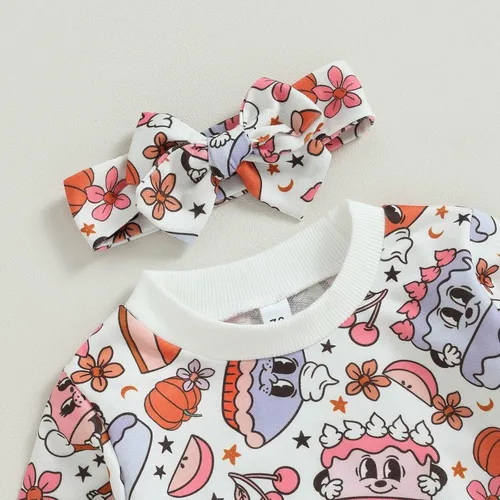 Vista 3 de TBUIALL Conjunto de 2 piezas de manga larga para niña, conjunto de otoño para niñas, suéter de manga larga con estampado de tartas, ropa de bebé