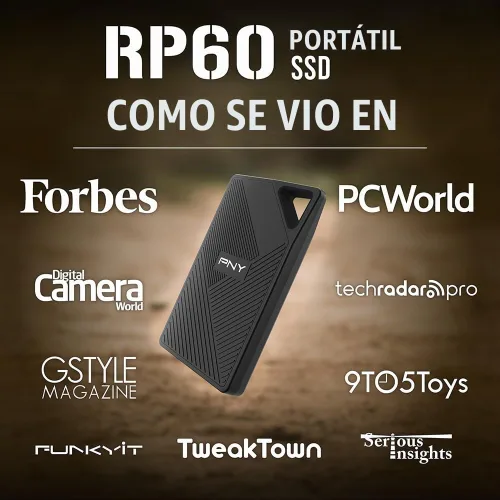 Vista 7 de PNY RP60 - SSD portátil de 2TB, hasta 2000MB/s, USB-C, USB 3.2 Gen2x2 - Resistente, con clasificación IP65, resistente al agua/polvo/caídas - Para