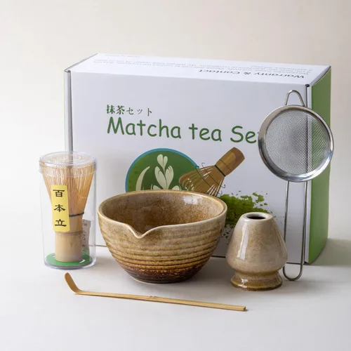 Vista 9 de Juego tradicional de ceremonia de té Matcha con cuenco de cerámica, batidor de bambú, soporte y colador, 5 piezas (azul)