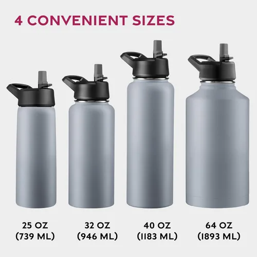 Vista 2 de Botellas de agua de acero inoxidable con triple aislamiento con pajilla, botellas de agua reutilizables aisladas de 25 onzas con 3 tapas, botella