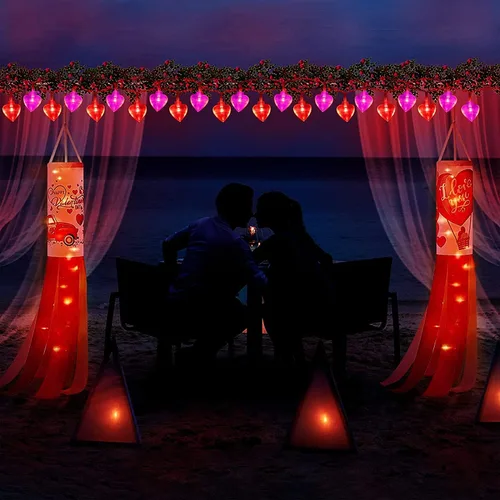 Vista 7 de Ohwewant 50 luces LED rojas y rosas de San Valentín, temporizador de 8 modos, funciona con pilas, guirnalda de luces de corazón de San Valentín