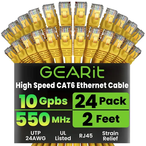 Vista 52 de GEARit Paquete de 24 cables Ethernet Cat6 de 0.5 pies Cable de conexión de red RJ45, conectores chapados en oro sin enganches de 10 Gbps, cable